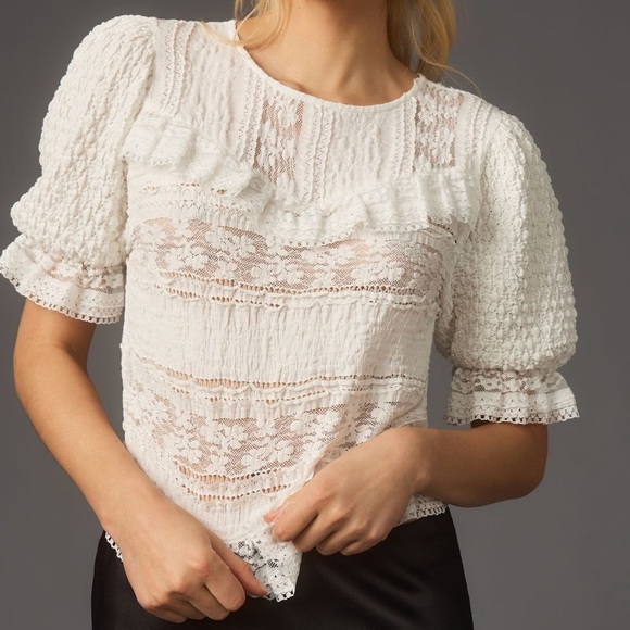 Anthropologie Tops - Anthropologie puff-sleeve lace blouse